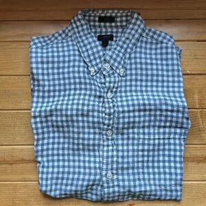 🍀 EUC J Crew Men’s Irish Linen Gingham Button Down size Large Slim Fit